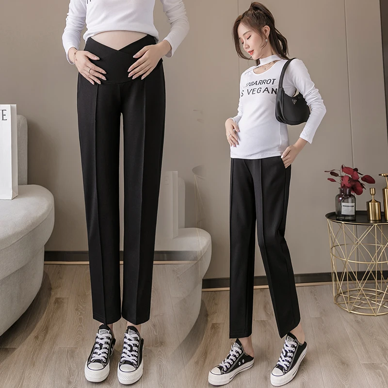 6058 Spring Summer Thin Black Maternity Straight Pants Across V Belly OL  Formal Work Laides Clothes for Pregnant Women Pregnancy