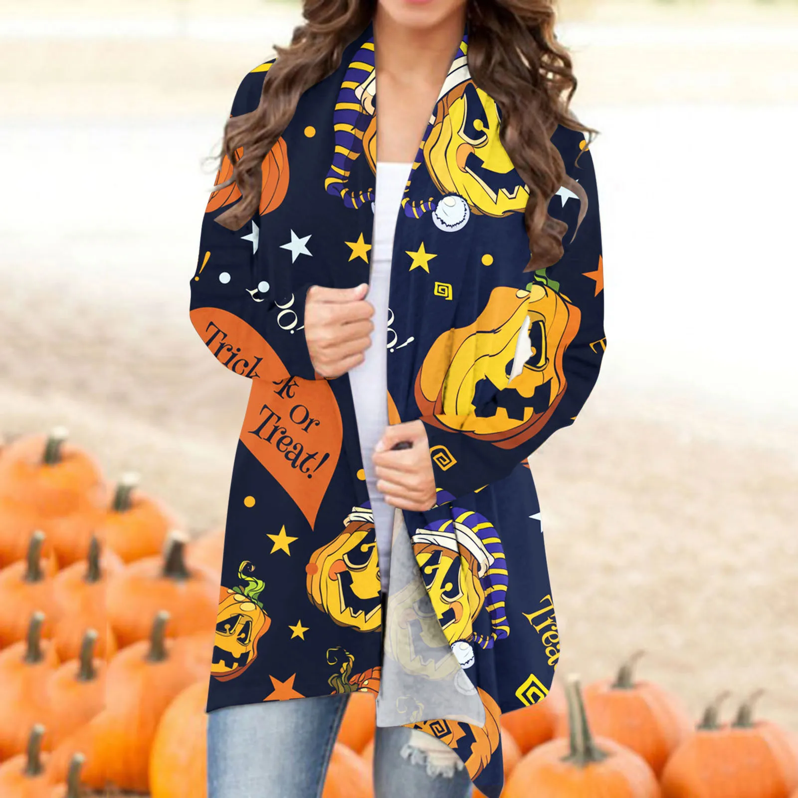 

Women Halloween Top Long Sleeve Funny Cute Owl White Ghost Pumpkin Graphic Tops Cardigan Coat Lightweight Outwear cardigans