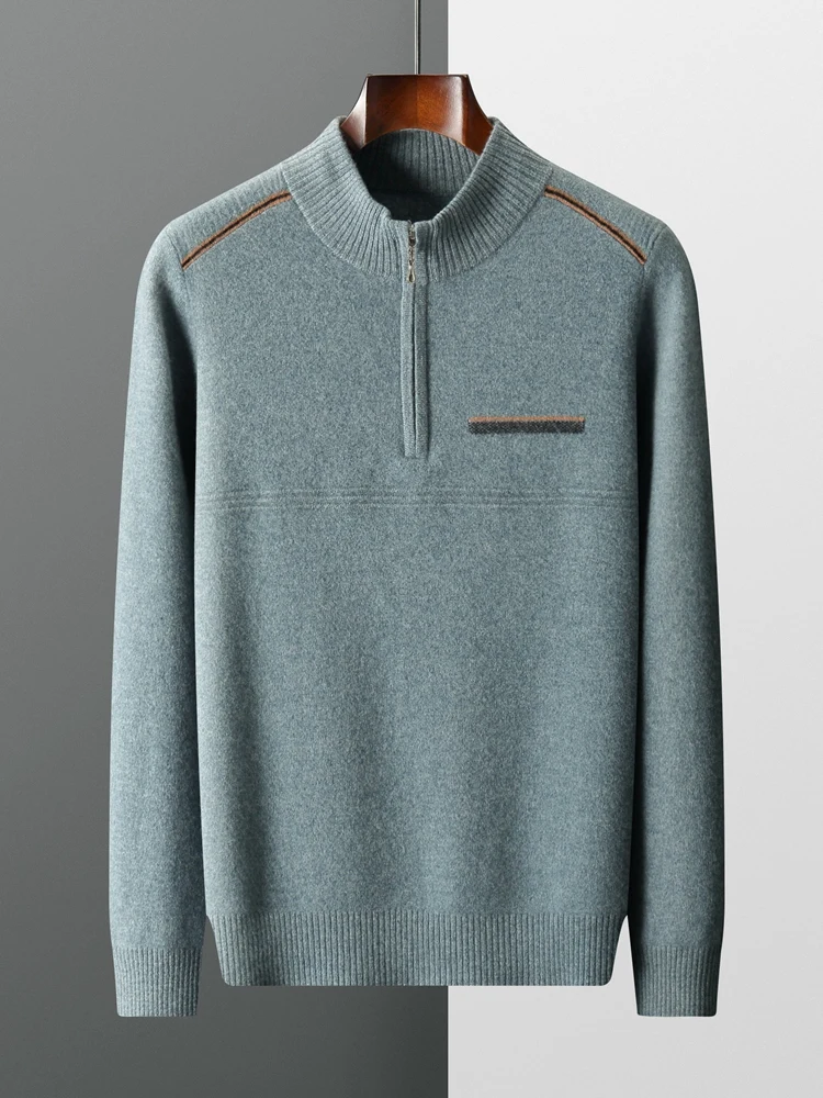 

CHICUU Autumn Winter Men Zipper Mock Neck Cashmere Sweater Smart Casual Pullover 100% Merino Wool Knitwear Basic Soft Clothing