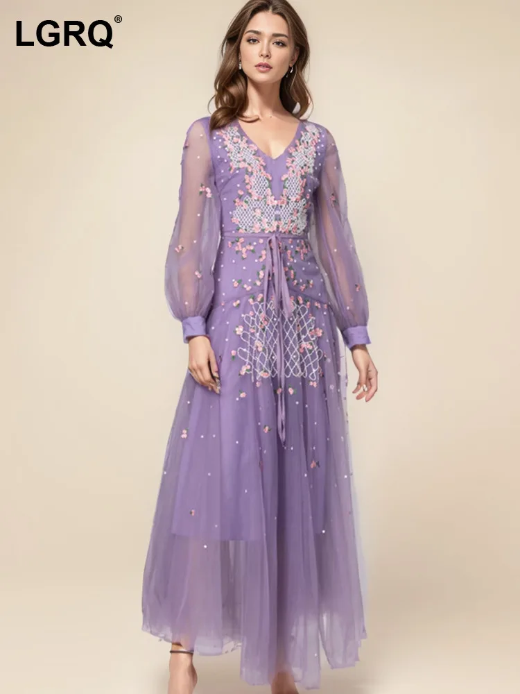 

LGRQ Women's Dress Solid Embroidery Fashion Beaded V Neck High Waist Long Sleeve Elegant Dresses Female Summer 2024 New 3WM572