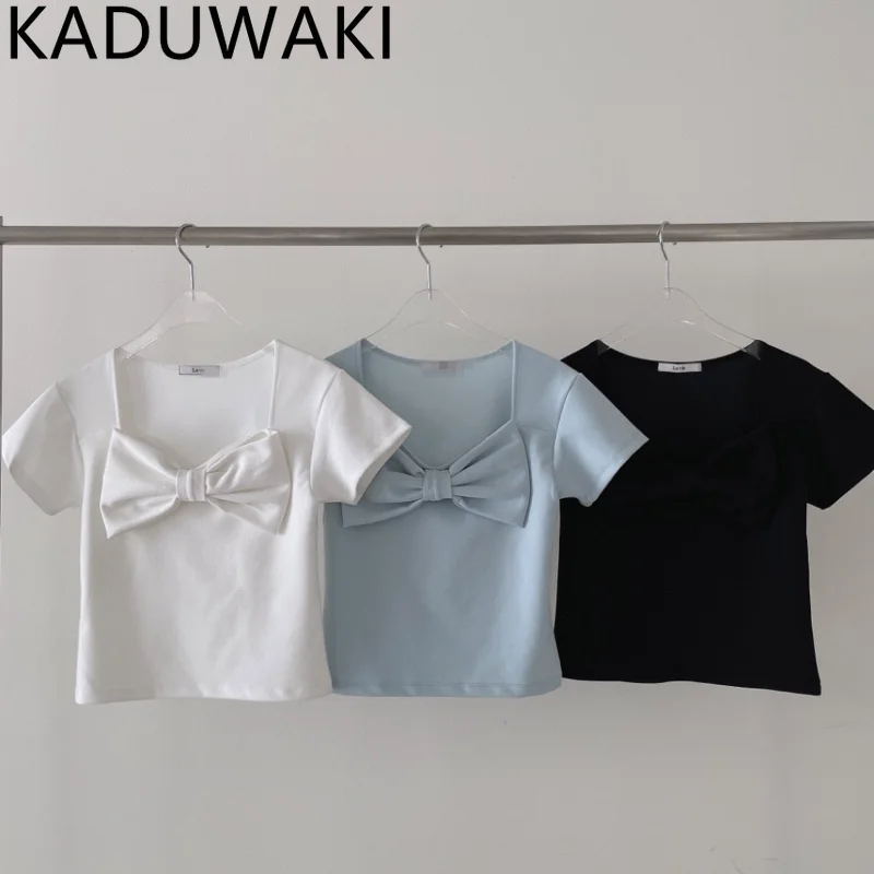 

Korean Style Square Collar Bow Design T-shirt Solid Short Sleeve Tops Elegant Woman Vintage Casual Slim Blusas Summer Chic Sweet