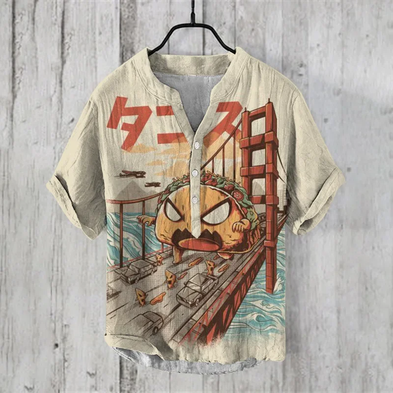 2024 Summer Man Small V-Neck Japanese Art Cat Art Print Shirt men's casual Retro shirts Stylish and comfortable top 4