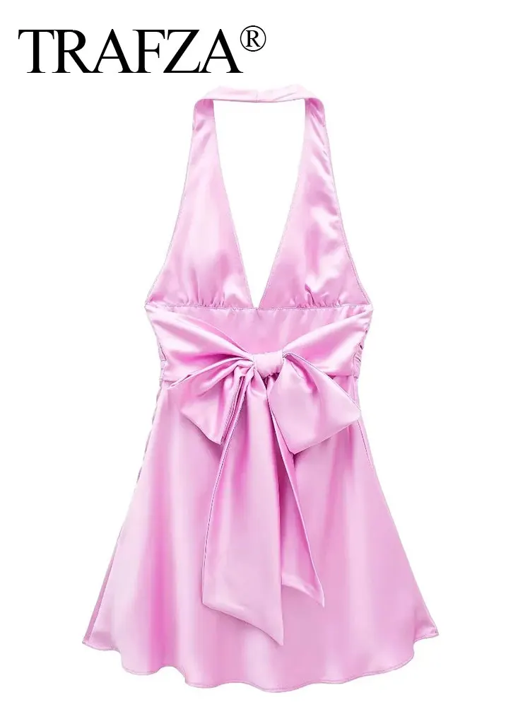 HH Summer Women Halter Dress Elegant Pink V Neck Sexy Backless Mini Dresses Female Fashion Back Bow A-Line Dress Vestidos