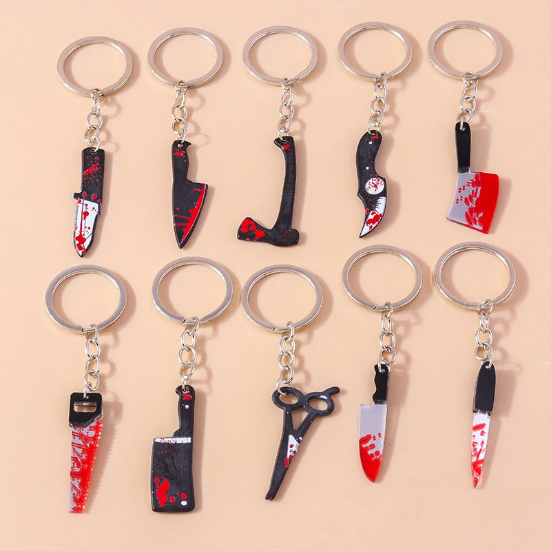 

Simulation Knives Series Keychain Thriller Bloody Red Knife Saw Dagger Keyring Halloween Knife Car Charms Backpack Pendant Gift