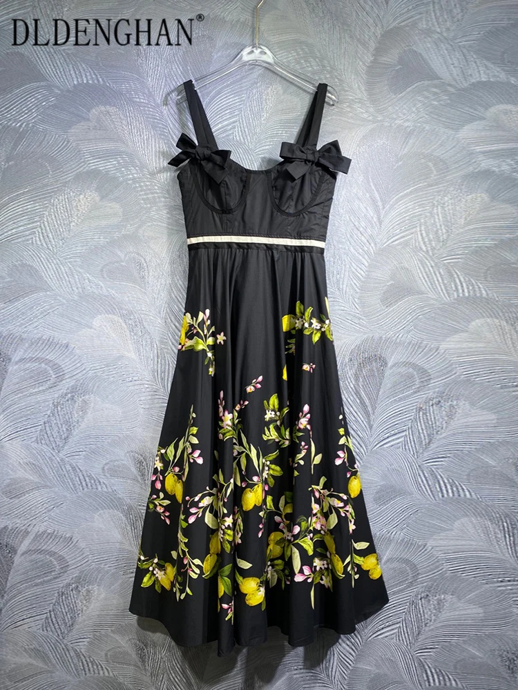 

DLDENGHAN Summer Cotton Dress Women's Bow Spaghetti Strap Lemon Floral Print Elegant Party Backless Dress Fashion Designer New