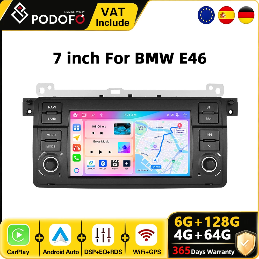 Radio para coche Podofo de 7 pulgadas con sistema Android para BMW 3 E46 1998-2005, sistema inteligente para coche, navegación GPS 2din, WiFi, CarPlay, Android Auto, BT, FM, reproductor multimedia para automóvil, sistema inteligente para coche, unidad principal 2
