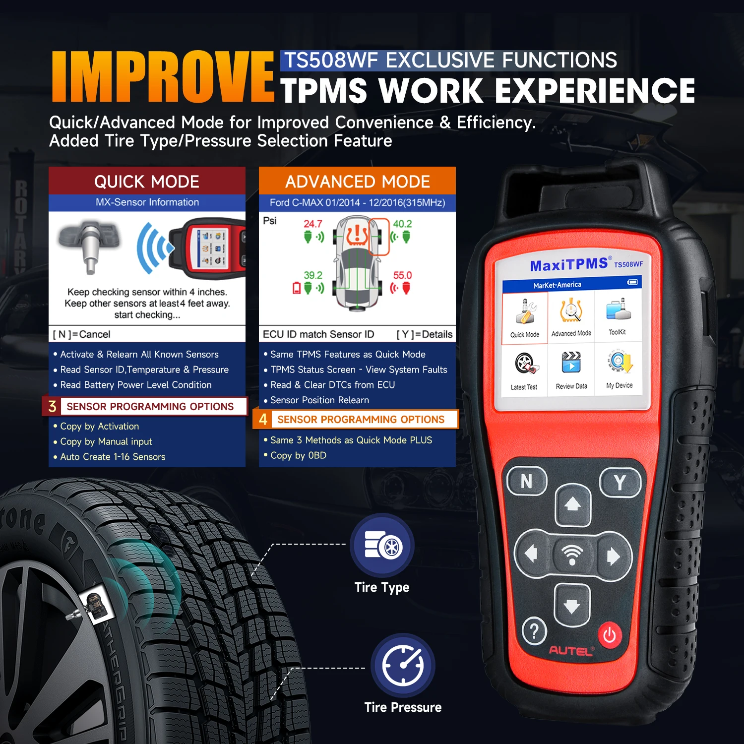 Autel MaxiTPMS TS508WF TPMS Tool Sensor Progarmming/ Relearn/ Activate, TPMS Reset, Read/Clear DTCs Upgraded of TS501 TS408 tire pressure monitor car diagnostic tool