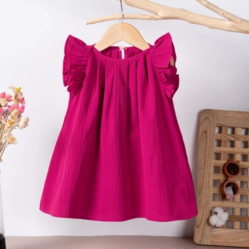 2024 Hot selling Solid Color Button Girl Baby Little Flying Sleeve Dress Princess Style Polyester Cute Baby Dress 1
