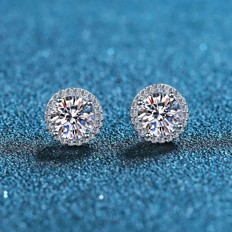 

2ct D Color VVS1 Round Moissanite Halo Stud Earrings S925 Silver Platinum Plated
