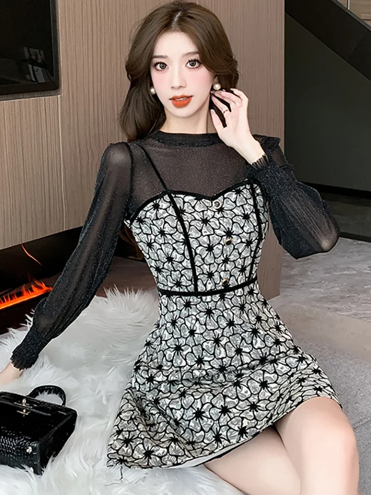 Women Fashion Floral Sling Short Dress+Sheer Sexy Coat Suits