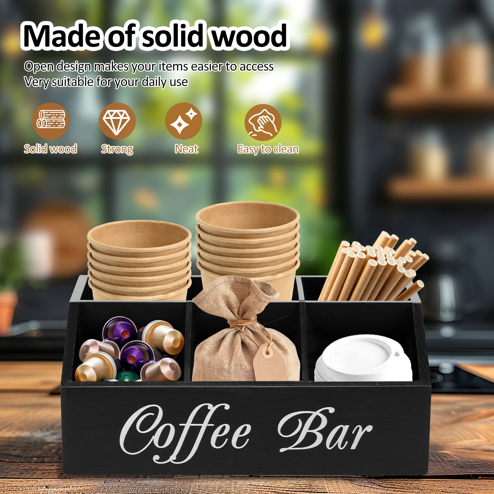 Wooden Coffee Rack Coffee Bar Organizer 5 Compartments Coffee Bar Accessories Vintage Coffee Storage Station Coffee Pods Holder 2
