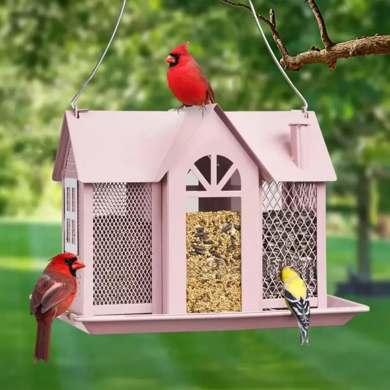รูปสินค้า สวนแขวน House BIRD Feeder 3 ช่องขนาดใหญ่ความจุตกแต่งลานกลางแจ้งด้านนอกโลหะกระรอก Hummingbird Feedin