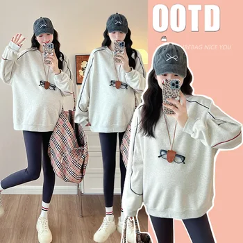 Maternity Top Autumn Winter New Style Loose Slimming Thickened Minimalist Versatile Soft Comfortable Crew Neck Sweatshirt