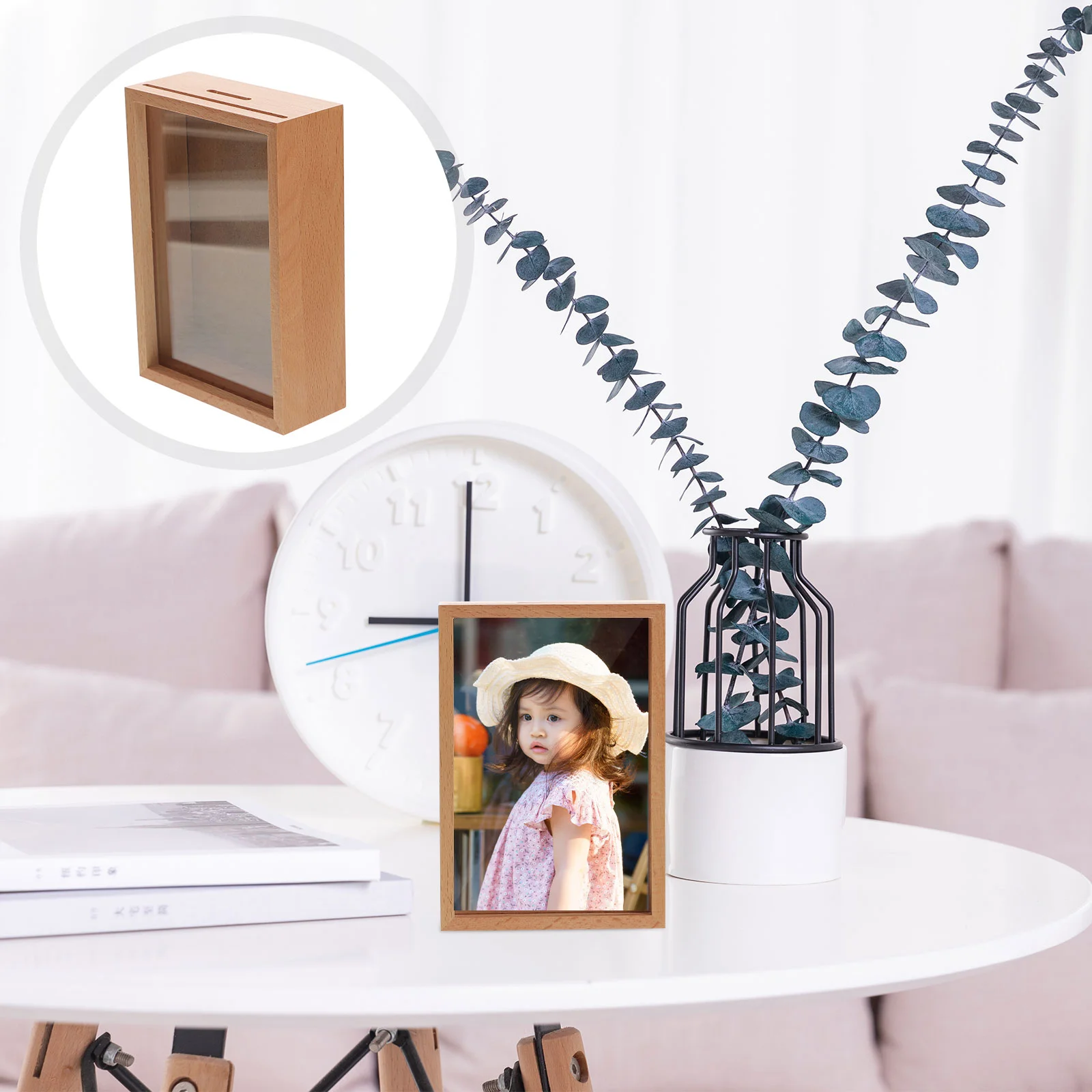 Piggy Bank Adult for Coins Money Wood Vintage Picture Frames Container Photo Kids Banks Jar Child 2