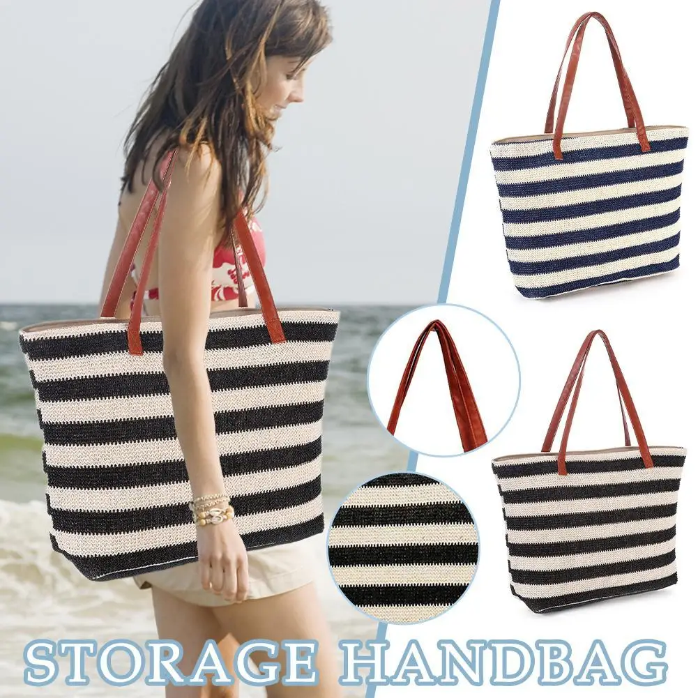 

Пляжная сумка для бассейна, сумка для хранения, модная соломенная сумка ручной работы, полосатая сумка на плечо с молнией для женщин, для покупок, для спортзала, для продуктов, путешествий