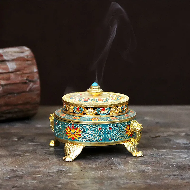 Copper Alloy Antique Incense Burner Aromatherapy Incense Burner Sandalwood Embossed Enamel Painted Temple Plate Incense Burner