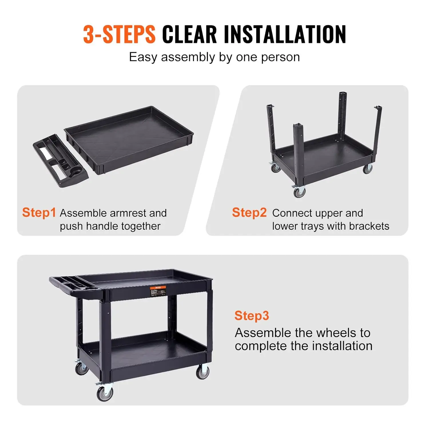 Utility Service Cart, 2 Shelf Heavy Duty Plastic Rolling Utility Cart with 360&deg; Swivel Wheels (2 with Brakes),