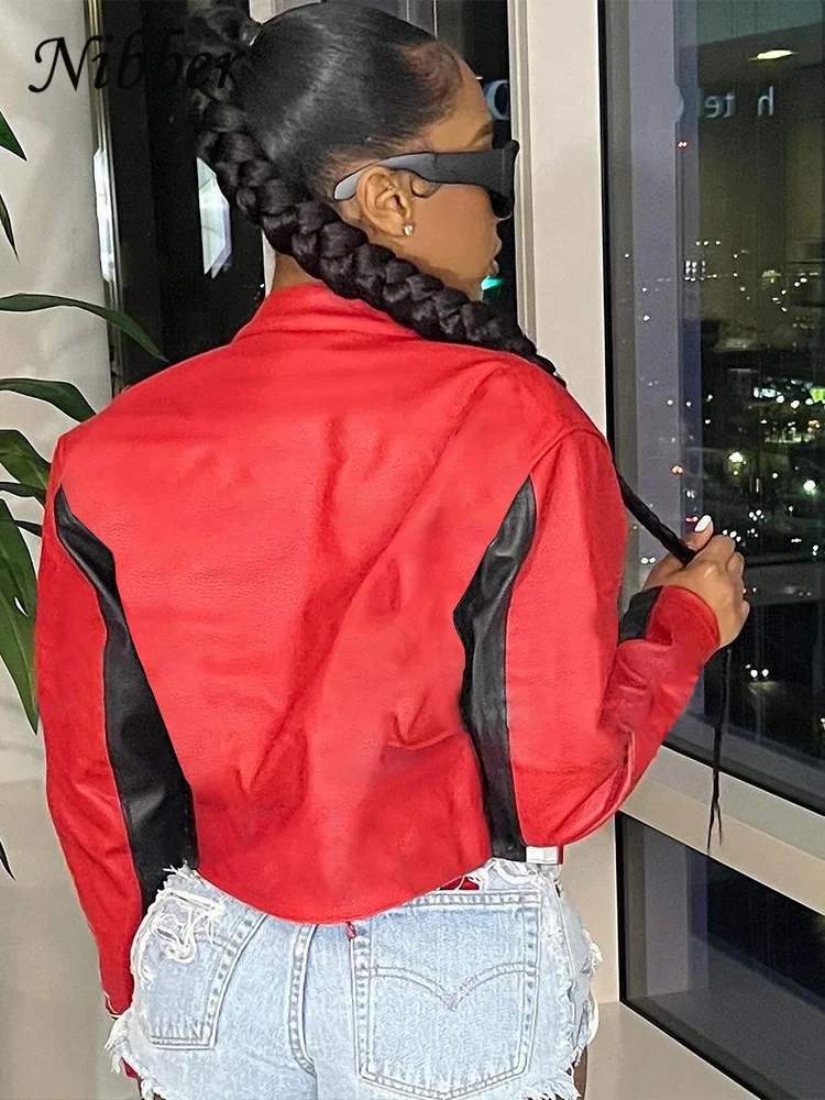 Nibber Letter Patchwork Crop Jacket Women Y2K Zipper Wild Basic Full Sleeve Varsity Uniform Streetwear Casual Locomotive Coat