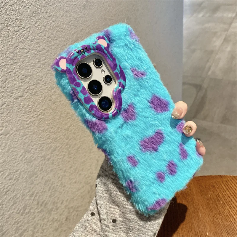 Leopard Print Plush Phone Case with Wrist Strap and Shockproof Cover
