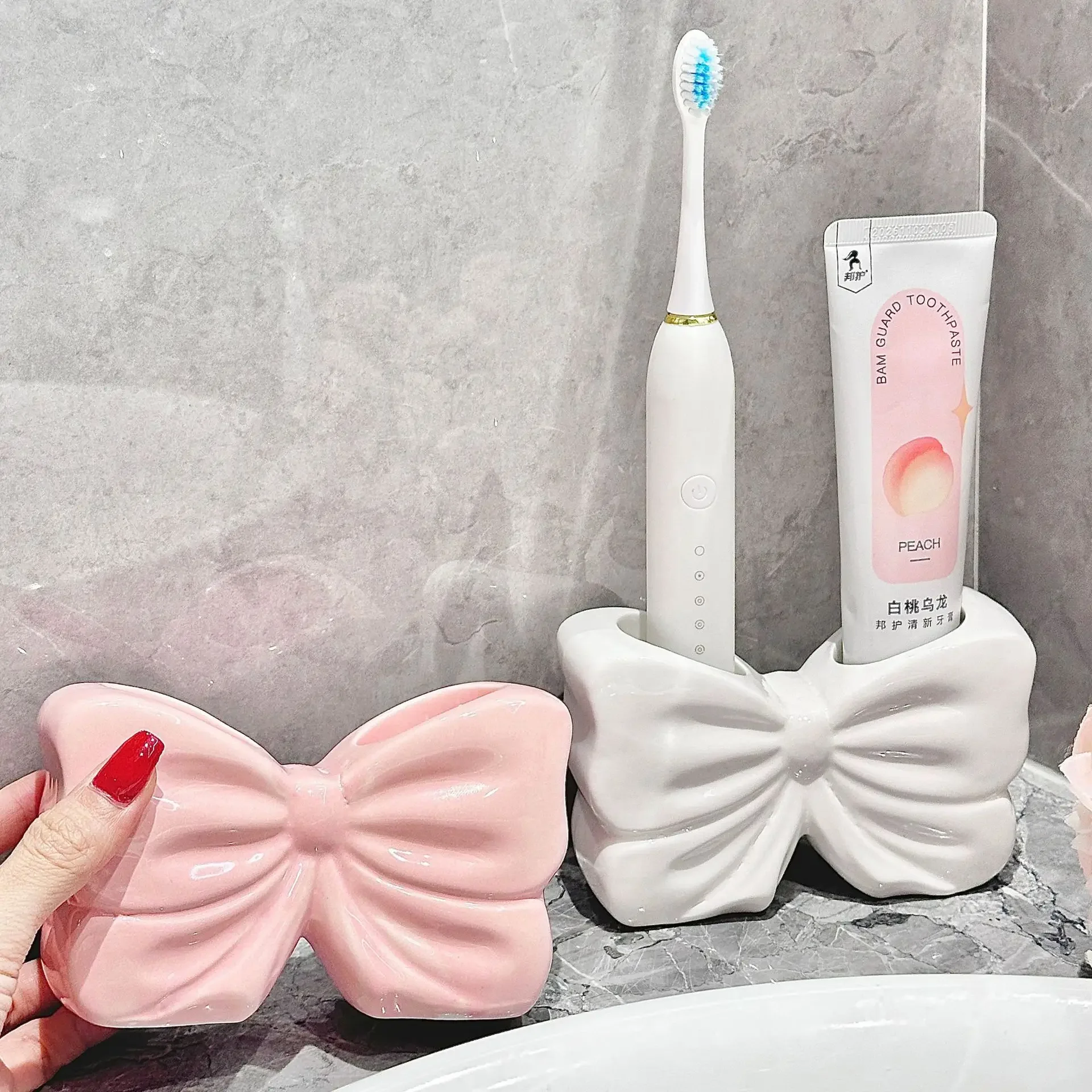 Creative Ceramic Bow Toothbrush Holder Toothpaste Storage Rack Bathroom Accessories