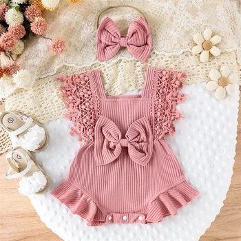 Baby Girl Lace Sleeve Ruffle Romper Set 1