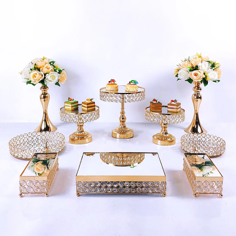 Gold Silver 7-10 Pcs Gold Crystal Metal Wedding Cake Stand Set Rack Holiday Party DisplayTray Cupcake Plate