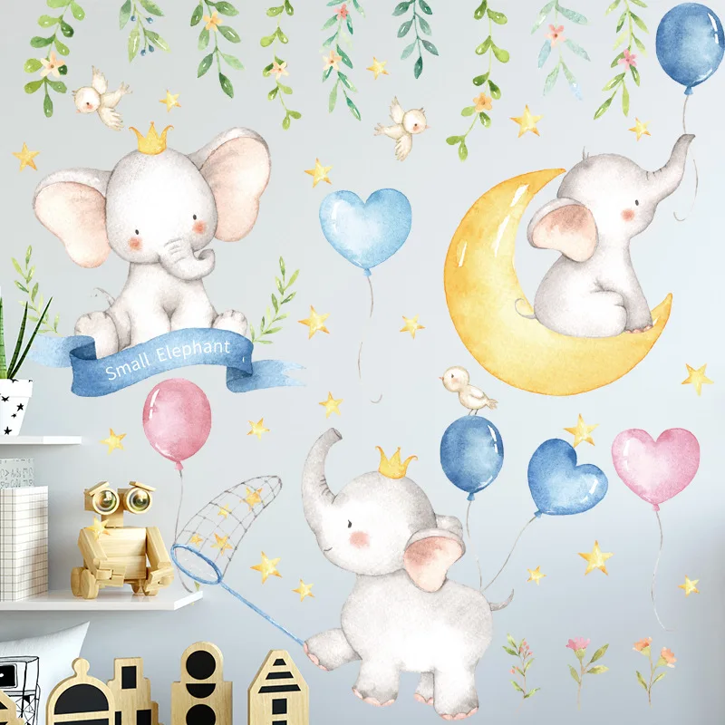 Cartoon Elephant Balloon Wall Stickers For Kids Children's Baby Bedroom