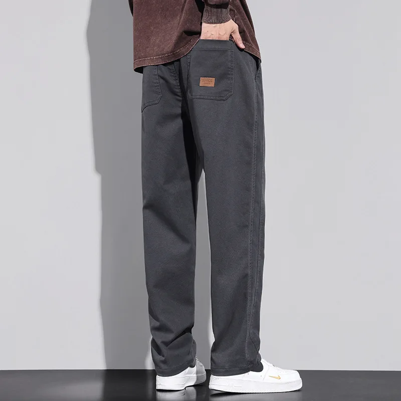 Autumn Winter Oversized Elastic Waist Lace Up Loose Casual Fashion Straight Pants Men Solid Color All-match Wide Leg Trousers