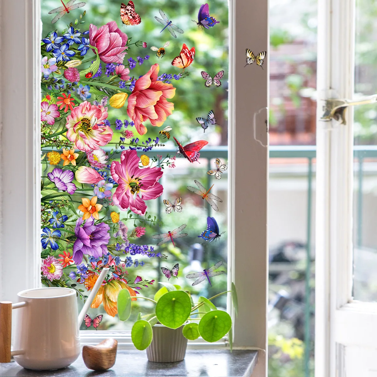 Tanlaby Printemps Fleur Autocollants de Fenêtre Plante Herbe Papillon Stickers Fenêtre Anti-Collision Stickers Réutilisables Double Face pour Fenêtre Café Verre Porte Décoration