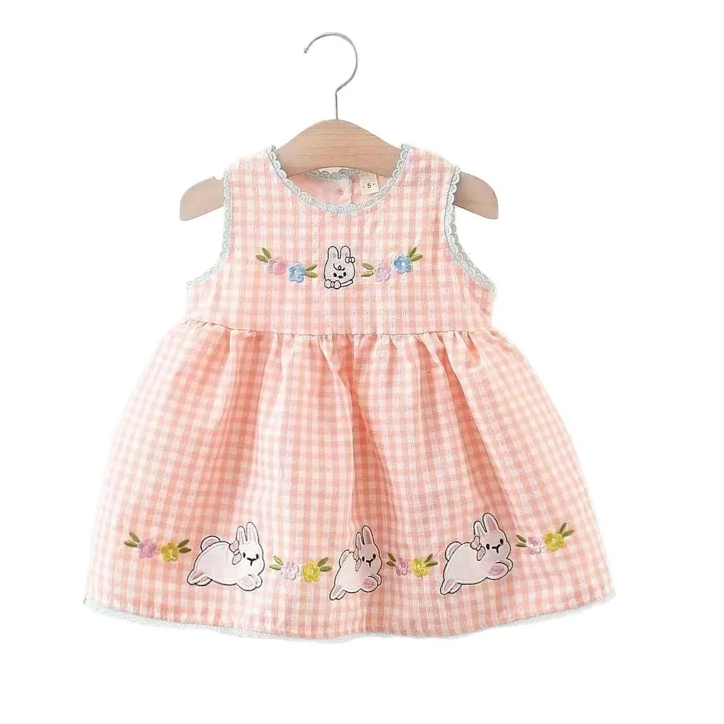 2026 Summer Baby Girl Sleeveless Dress Cute Bunny Duck Embroidery Gingham Princess Dress 0-4Y Girls Soft Casual Party Dress 5