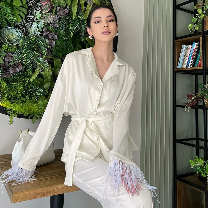 

Feather Sleeve Women's Pajama Set Kimono and Pant Solid Autumn Laidies Sleepwear with Sashes Single Breasted 2 Piece Sets