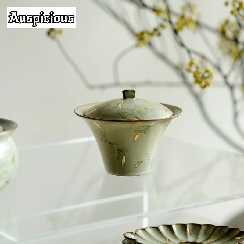 120ml Outline in Gold Tea Bowl Hand-painted Small Daisies Gaiwan Retro Tea Tureen Making Cover Bowl Ceremony Gift Kettle