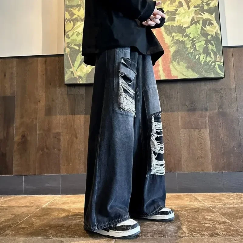 American High Street Style Retro Distressed Jeans Washed and Distressed Wide Leg Loose Leg Straight Leg Pants