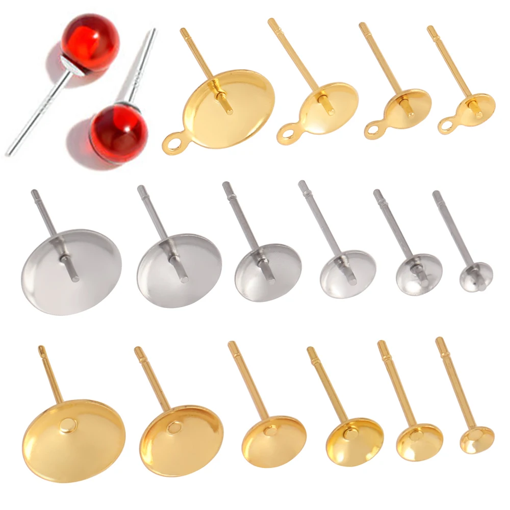 

50-100pcs Stainless Steel Blank Earrings Pearl Cup Studs Base Pins Round Cabochon Tray Settings DIY Pearl Ear Post Pin Findings