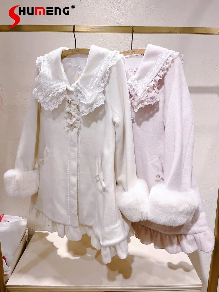 

Японская Зимняя шерстяная куртка средней длины в стиле "Лолита", милое Женское шерстяное пальто милой девочки милой массы с бантом и матросским воротником, верхняя одежда