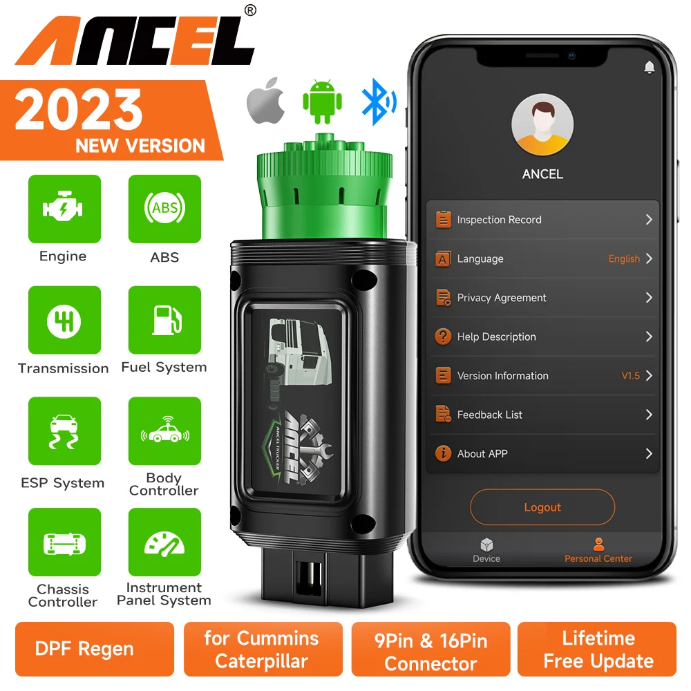 ANCEL HD100 블루투스 디젤 헤비 듀티 트럭 진단 도구, 9/12 핀, 모든 시스템 DPF 리젠, 커민스 캐터필러 스캐너용