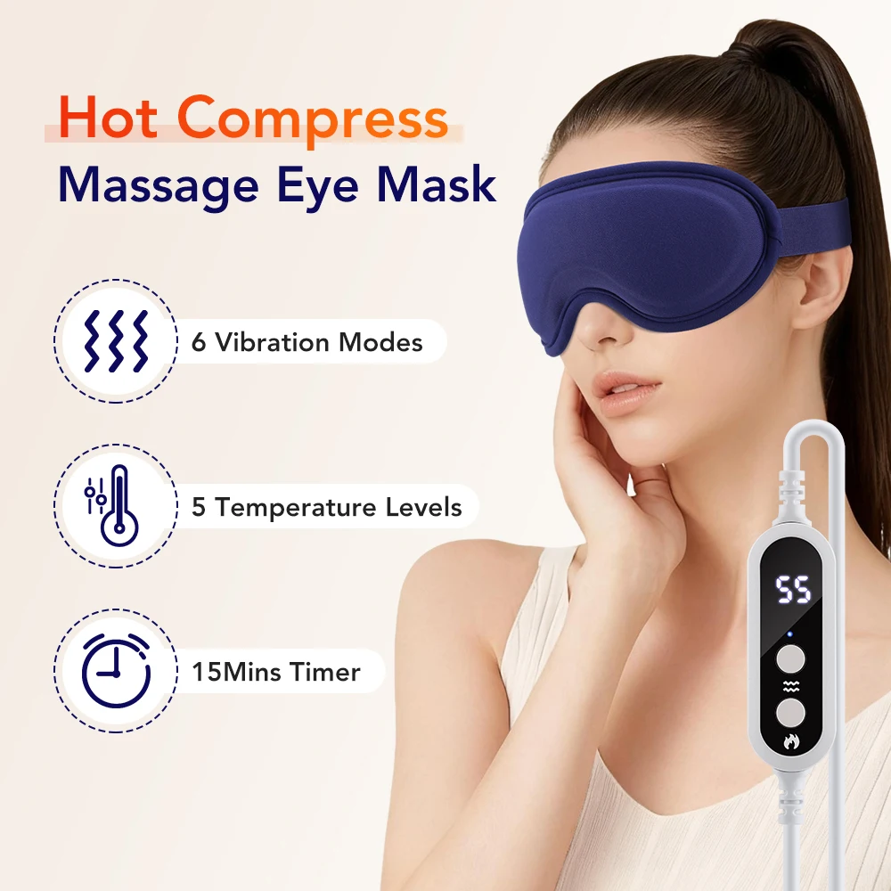 Heated Eye Mask with 5-Level Hot Compress 6 Vibration Modes 3D Massage Sleep Shading Warm Mask Eye Compress for Relaxation