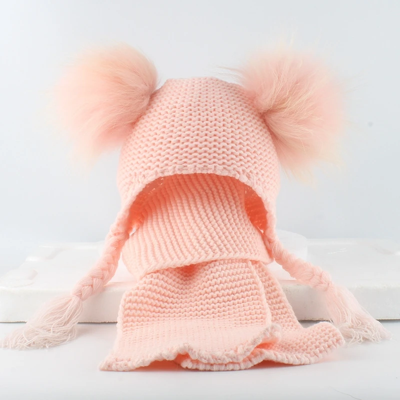 Children's Real Mink Fur Ball Hat Scarf Set Double Balls Earmuff Knit Cap Warm Wool Hat For Baby Boys Girls Scarf Shawl