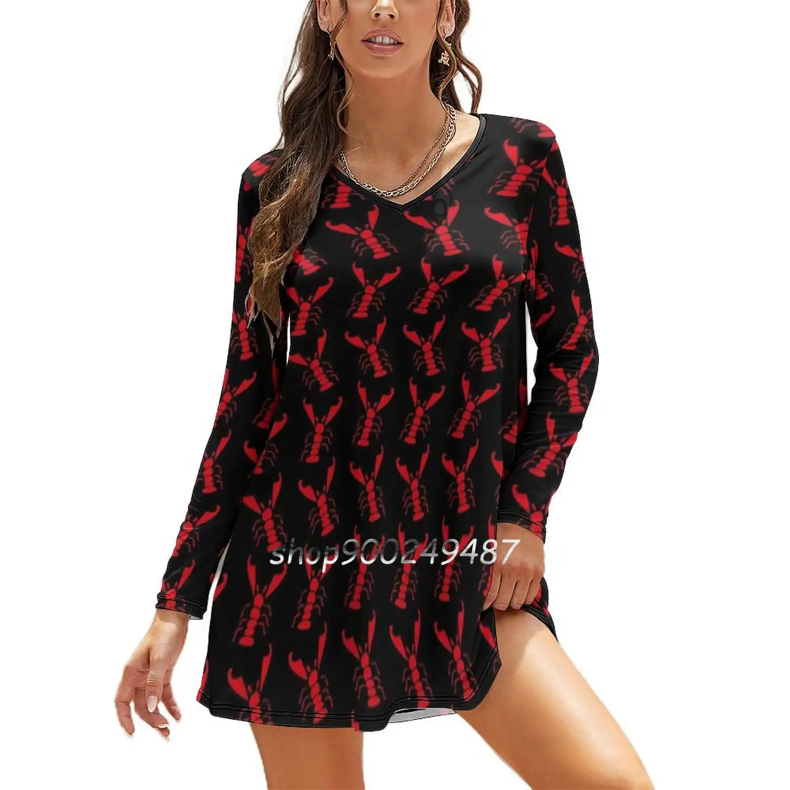 

Lobster Wallpaper Long Sleeve Sexy Dresses For Women 2022 Ladies Vintage Elegant Party Dress Lobster Wallpaper Crustacean