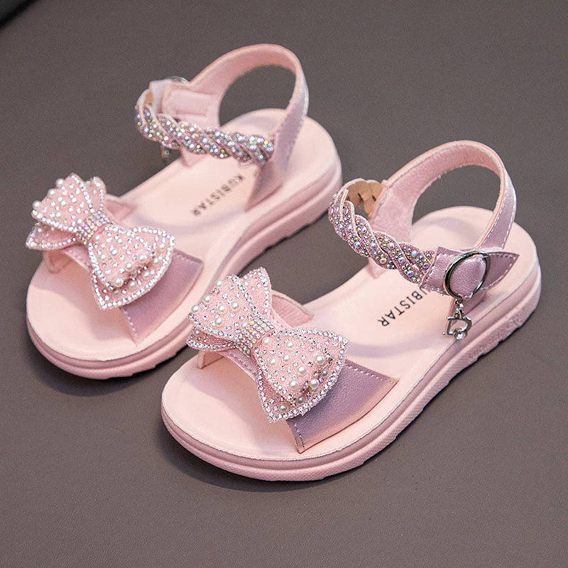 

Children's Pearl Sequin Bow Buckle Open Toe Non-slip Soft Soled Sandals, Girls 2024 Summer New Sweet Fashion Sandals Size:26-37