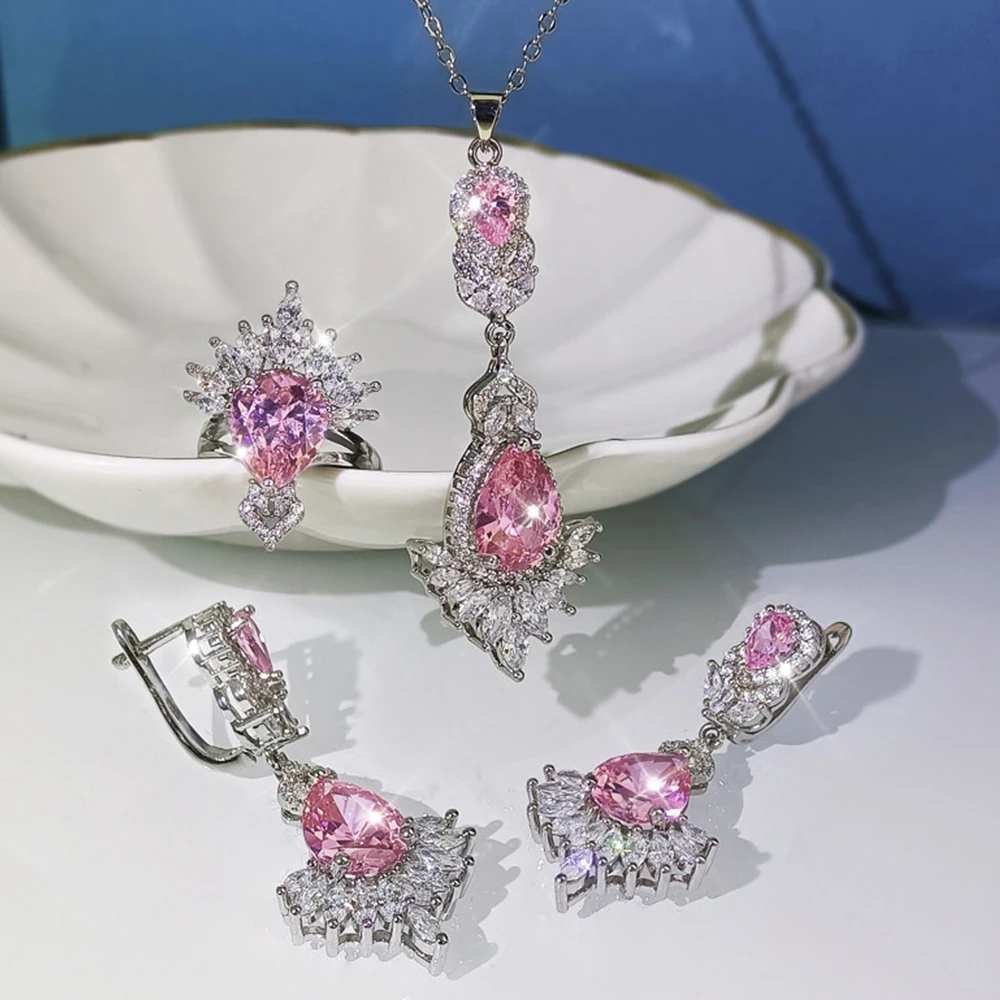 

WPB Original Women Jewelry Set Shiny Pink Diamond Bridal Set Female Luxury Jewelry Shiny Zircon Design Charming Girl's Gift New