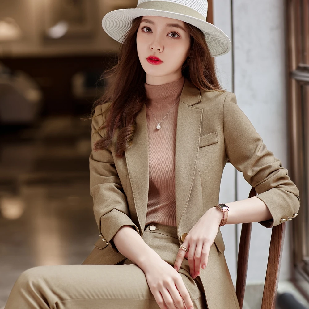 KoreanFormalLadiesBeigeBlazerWomenBusinessSuitswithSetsWorkWearOfficeUniform2