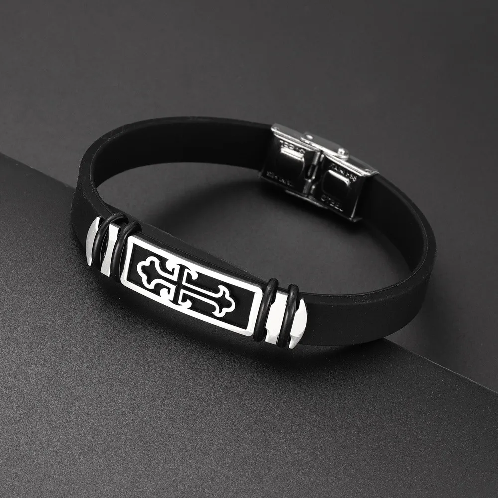 Black silicone Christian cross bracelet detail