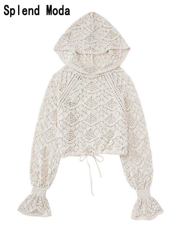 

TRAF 2023 Women Spring Fashion Vintage Hollow Out Jacquard Knitted Pullover Hooded Sweater Chic Long Sleeve Jumpers Knitwears