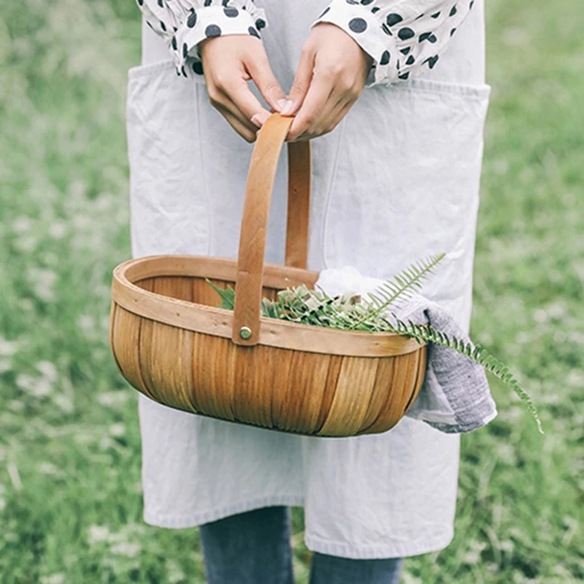 Small Round Natural Woodchip Wooden Decorative Storage Basket with Handle  Wood Chip Material Fruit Basket