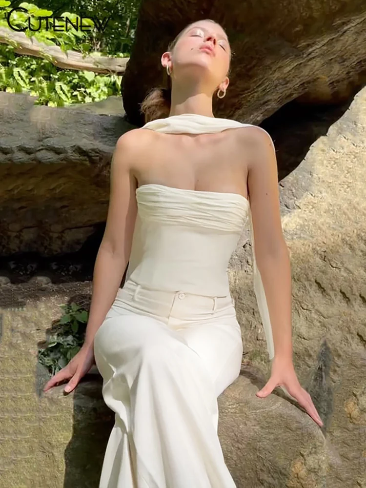 Women's White Ruffled Bustier Vest Shapewear Slim Undershirt Hanging Neck Silk Scarf Top Summer Clothing For Women