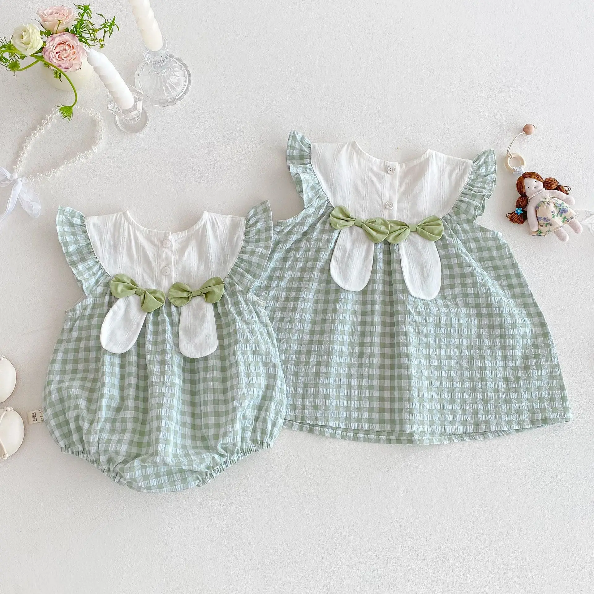 Cute Summer Plaid Baby Dress with Bunny Embroidery