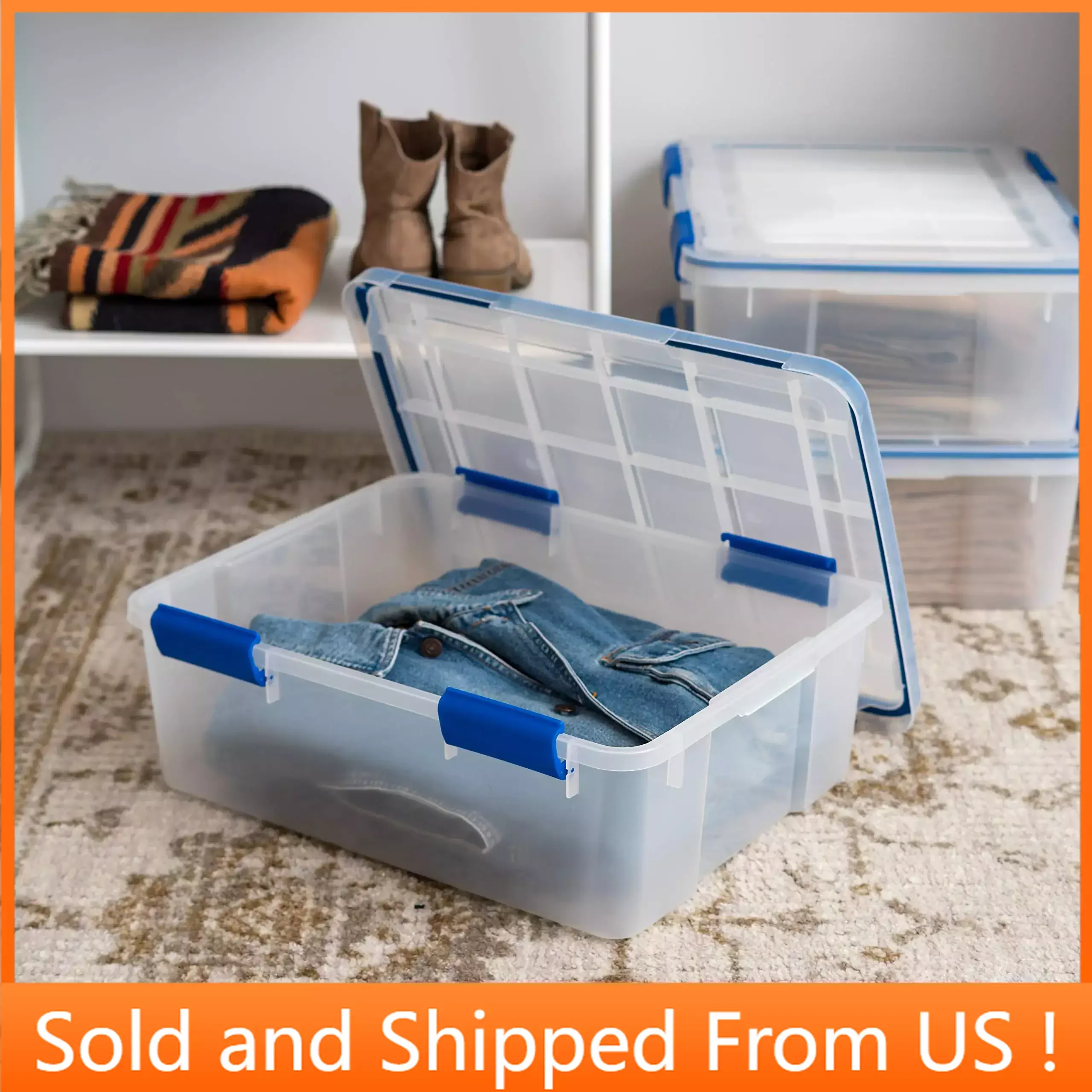 

26.5 Quart Plastic Storage Box with Durable Lid and Seal and Secure Latching Buckles, 3 Pack, Clear/Blue