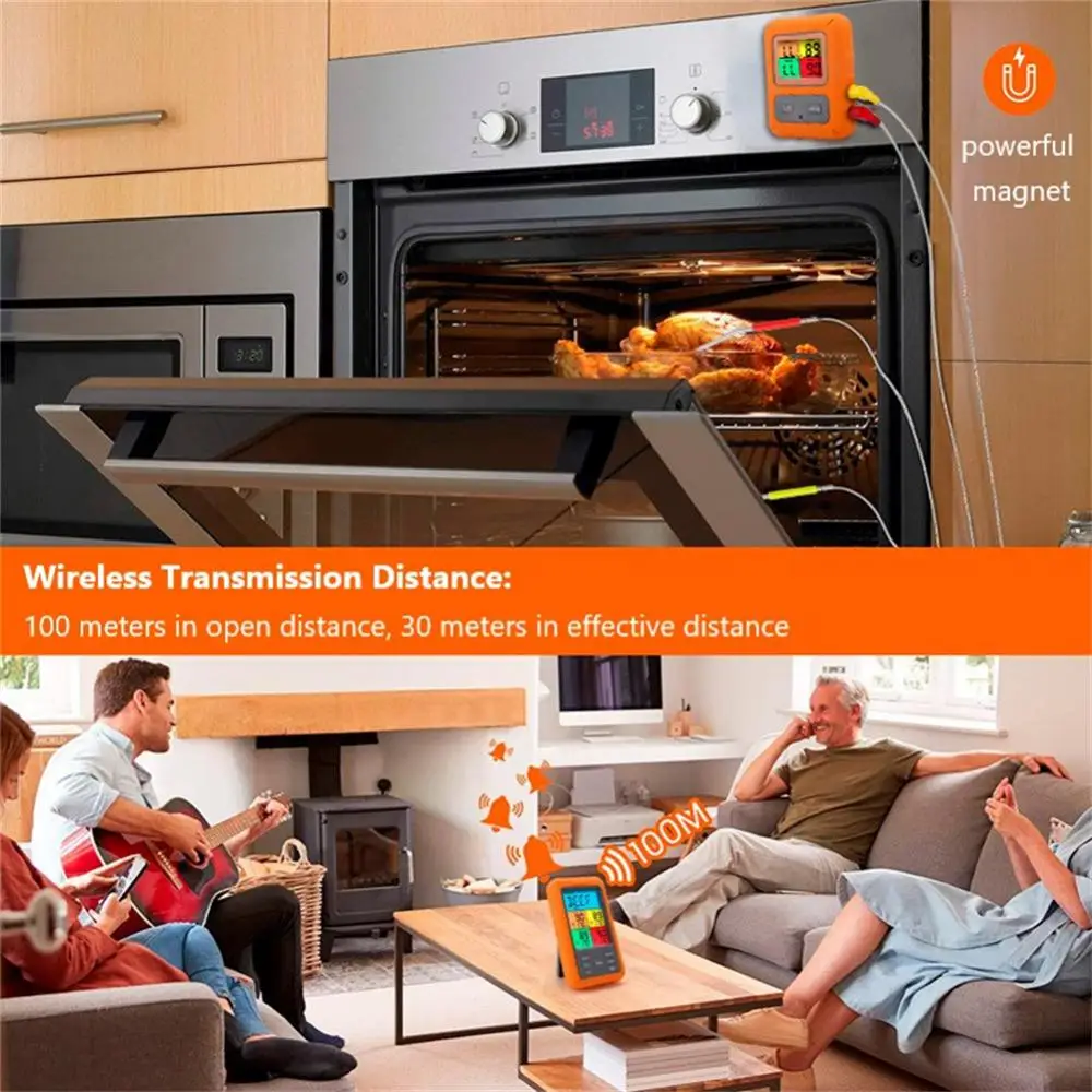 Color Screen Wireless Barbecue Thermometer Four-pin Digital Display Barbecue Food Thermometer Kitchen Oven BBQ Tools