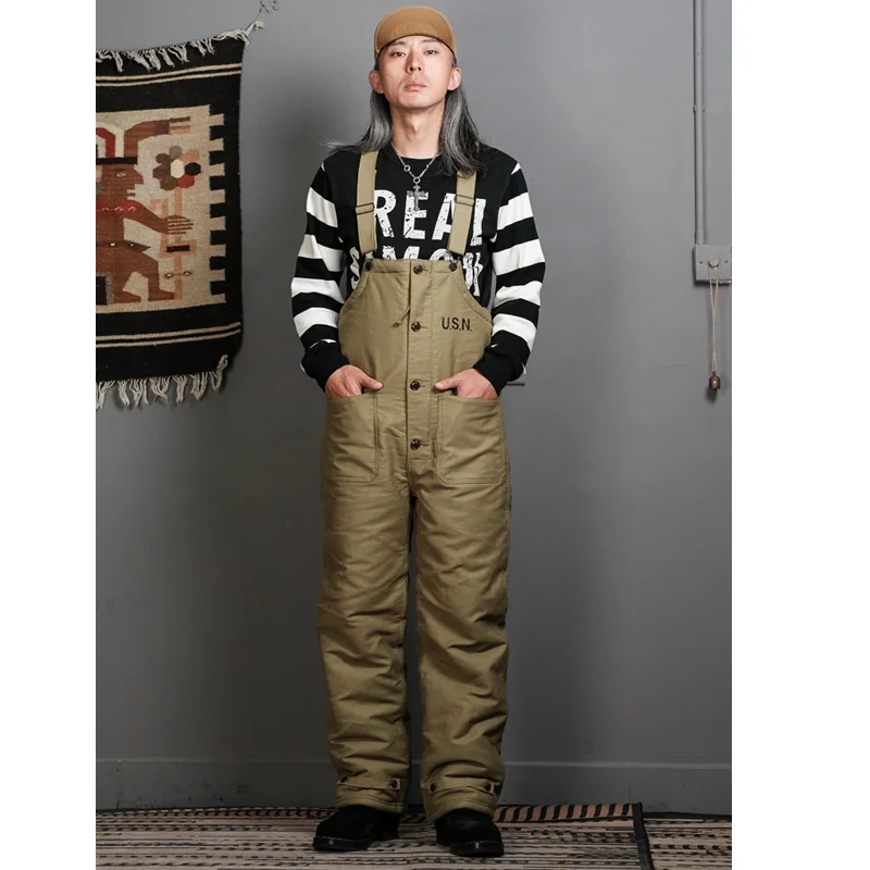 

Simons WW2 US NAVY Deck Men's Retro Military USN N-1Deck Bib Overalls Vintage Amekaji Winter Motorcycle Pants